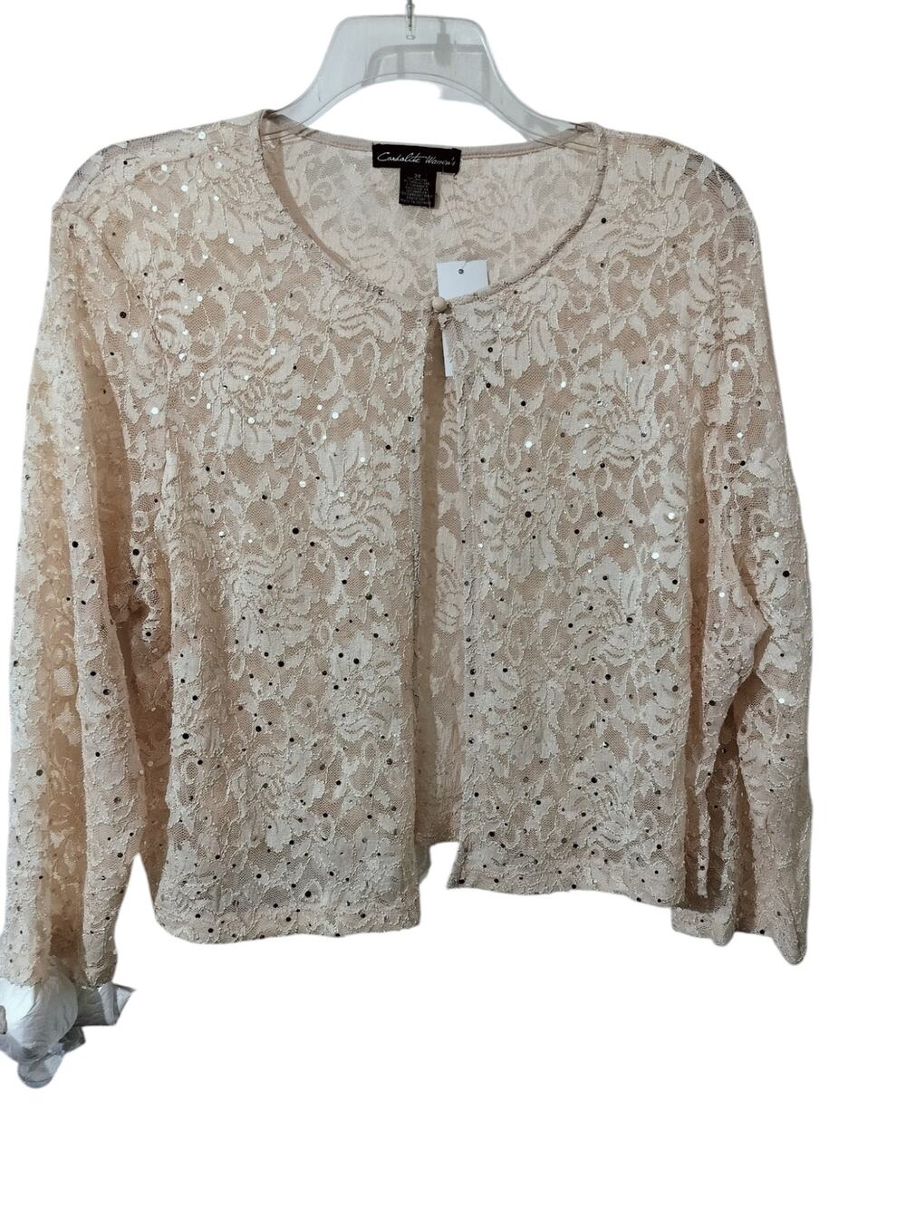 5806) Candalite Beige Floral Lace Cropped Bolera Singe Button Jacket Plus 3X